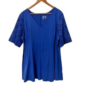 D&Co Women's Fit and Flare Navy Blue V-Neck Short Lace Sleeve‎ Top Plus Size 1X